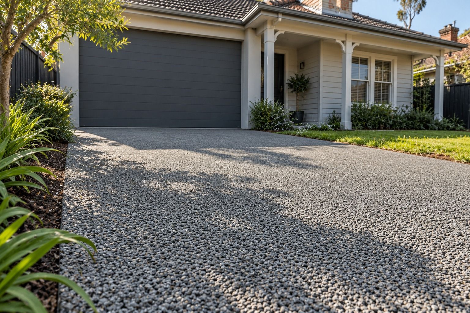 Modern house with a dark garage and a gravel driveway bordered by green landscaping