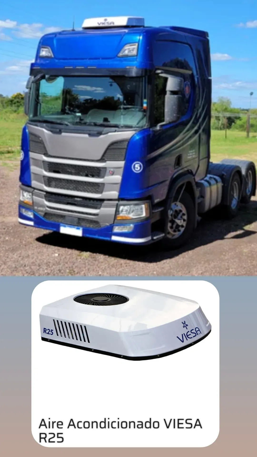 Camión semirremolque azul con parrilla cromada en una carretera; debajo, una unidad de aire acondicionado Viesa blanca con etiqueta en español.