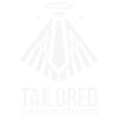 White logo for Tailored Cleaning Services with a stylized halo and geometric figure above the company name.