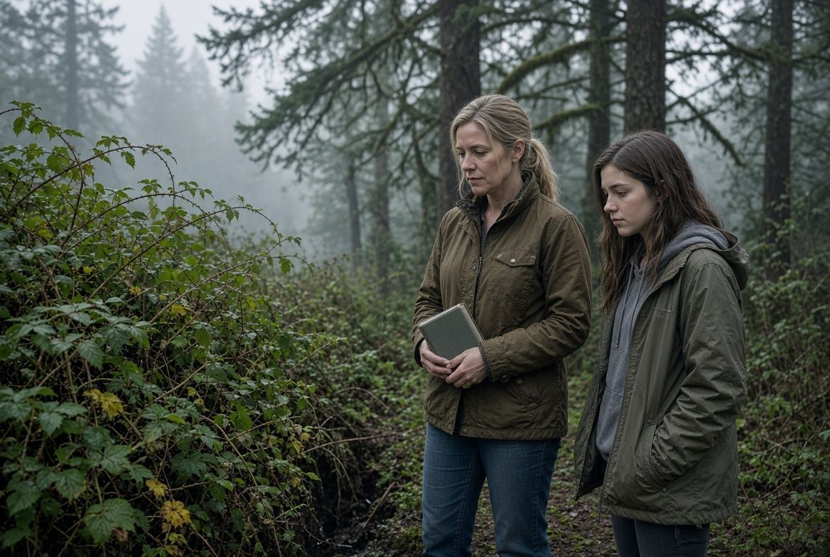 Two women forging in the forest.