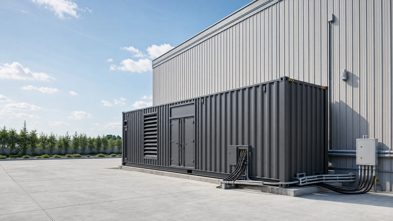Installation industrielle avec de grands conteneurs maritimes gris et des unités de climatisation