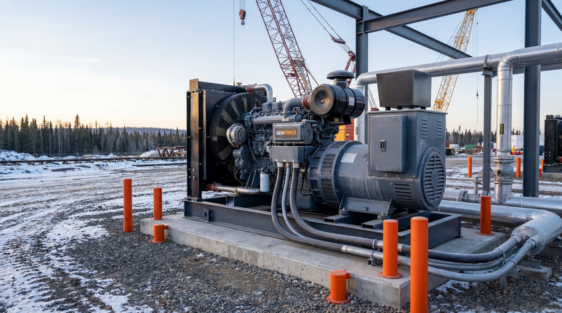 Machine industrielle sur un site extérieur enneigé, avec des bornes orange et des tuyaux métalliques au coucher du soleil