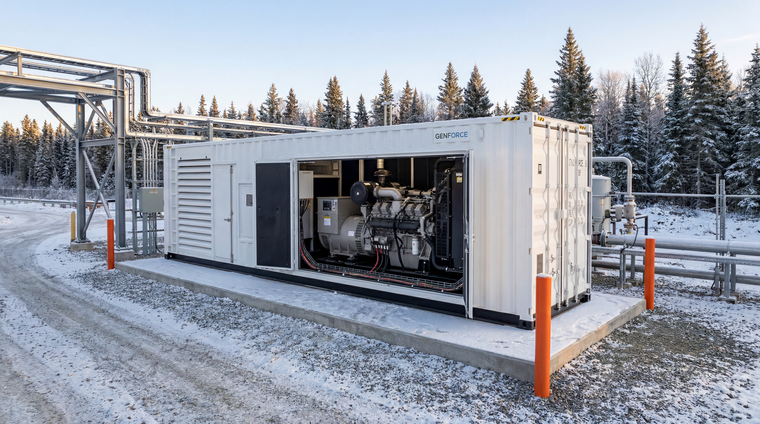 Groupe électrogène industriel extérieur dans une cour enneigée, avec conteneur blanc ouvert et équipements apparents.