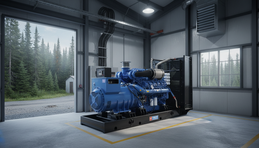 Générateur industriel bleu dans un garage moderne aux portes ouvertes, donnant sur une forêt à l'extérieur
