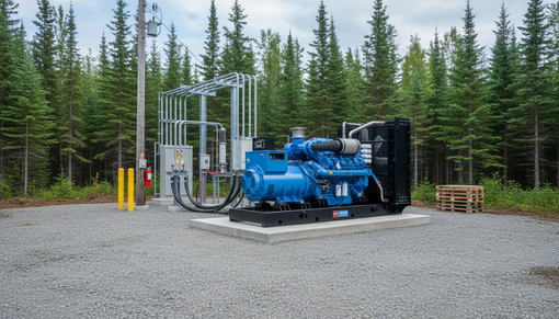 Générateur industriel bleu sur une dalle de gravier à côté d'équipements, entouré de conifères.