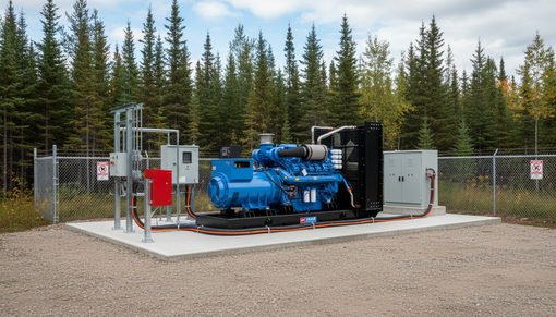 Générateur industriel bleu sur une dalle de béton à côté d'arbres clôturés et d'un terrain en gravier
