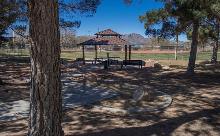 A picnic area in a park with a gazebo and picnic tables.
