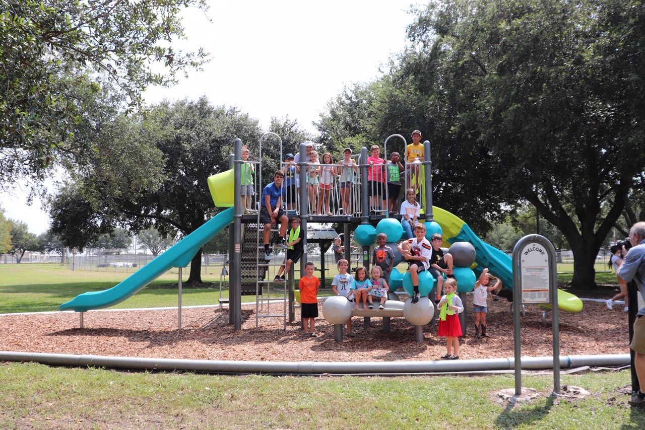 A group of children are playing on a playground in a park