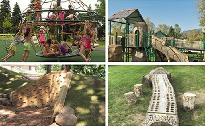 A collage of four pictures of children playing in a playground.