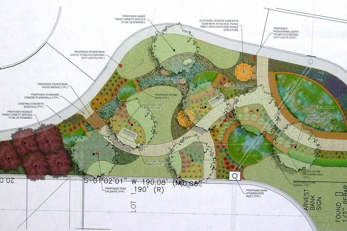 A drawing of a park with trees and paths