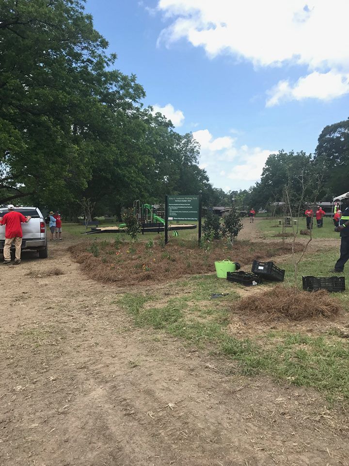 A group of people are standing in a dirt field.