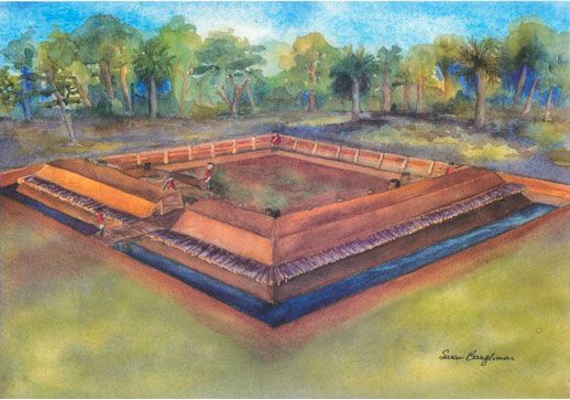 A painting of a large square building in the middle of a field surrounded by trees.