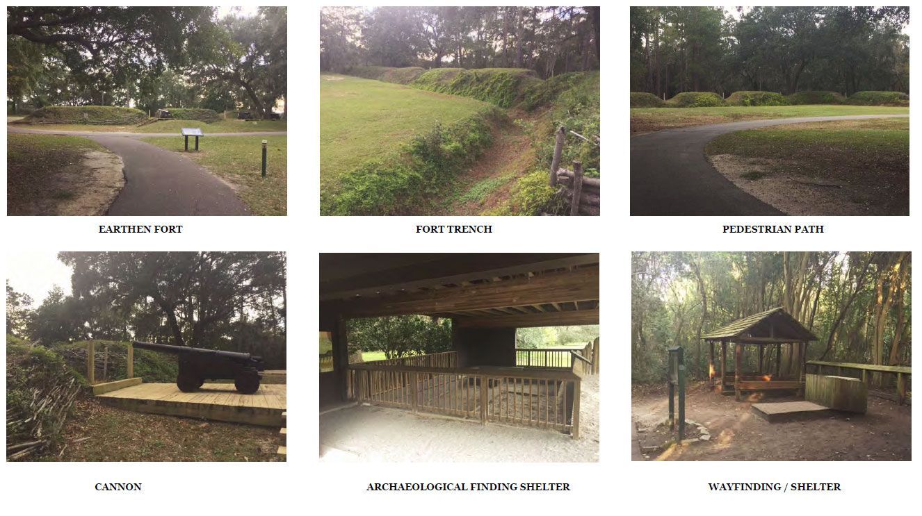 A collage of pictures of a park with a jeep in the middle