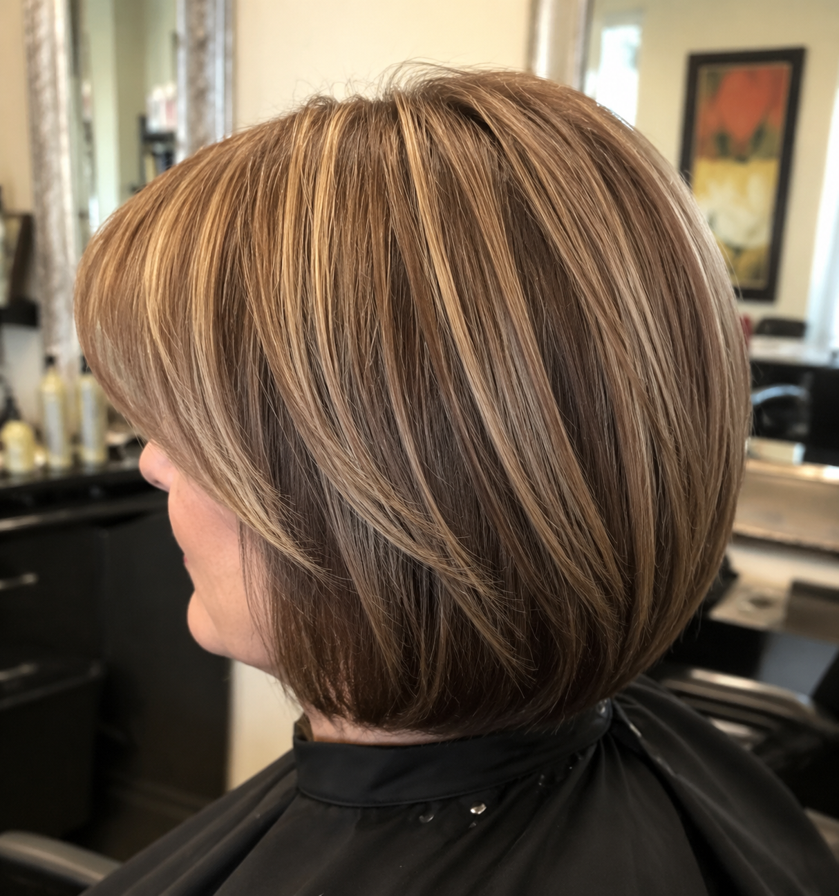 Short layered brown bob with blonde highlights in a salon profile view