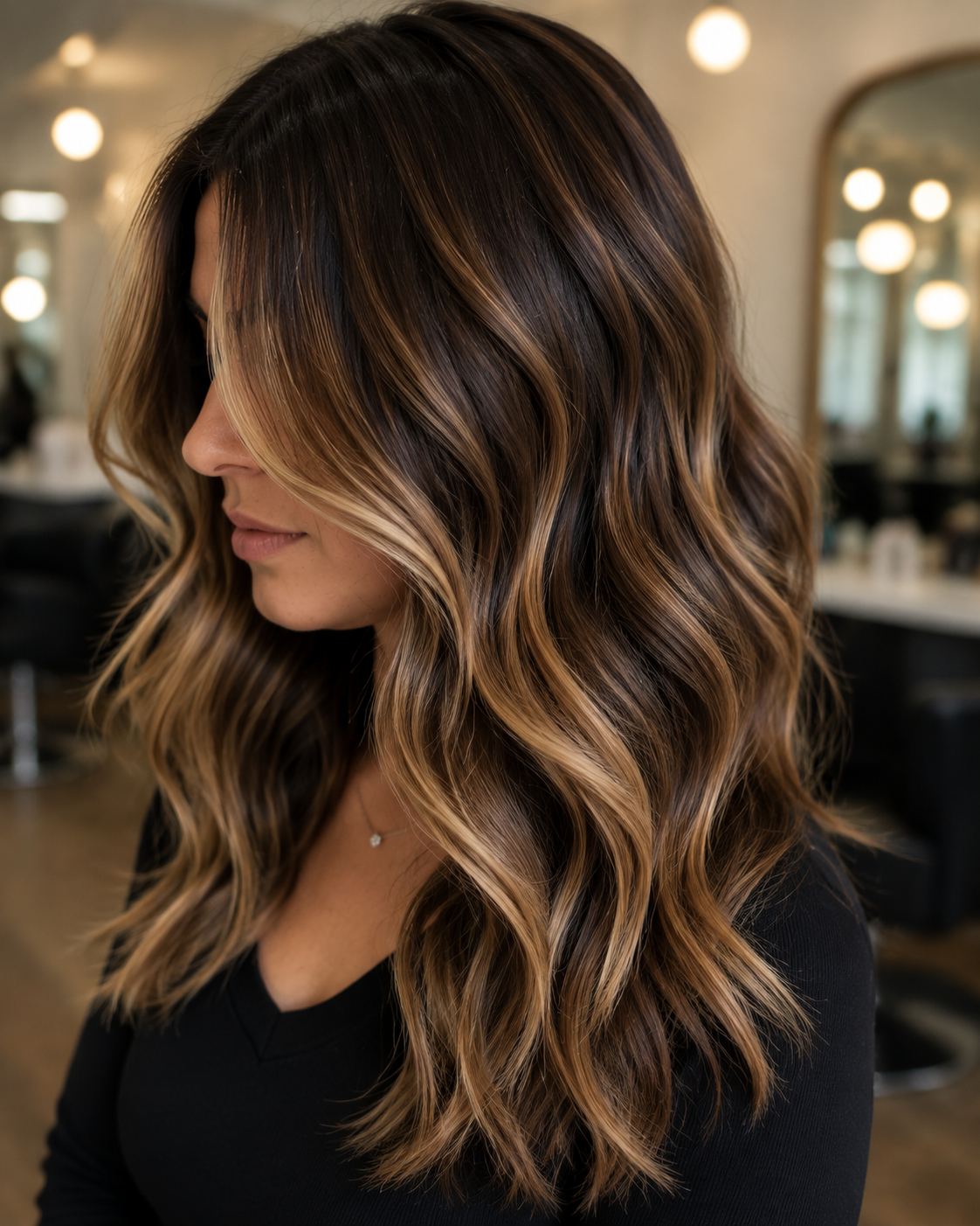 Woman with long wavy brunette hair and blonde highlights in a salon