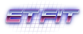 Stylized “ET FIT” logo in metallic blue and pink on a white grid background with purple glow