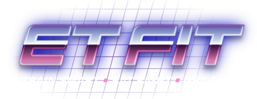 Stylized “ET FIT” logo in metallic blue and pink on a white grid background