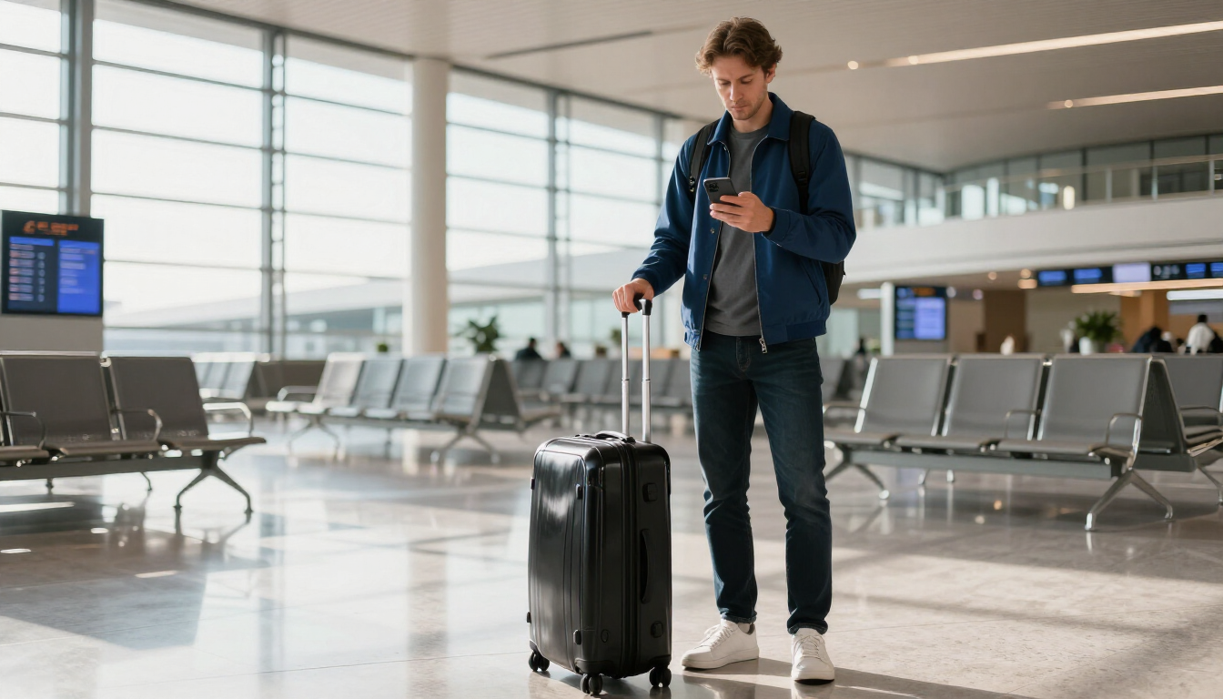 Traveler standing with a rolling suitcase in an airport terminal, looking at a phone.