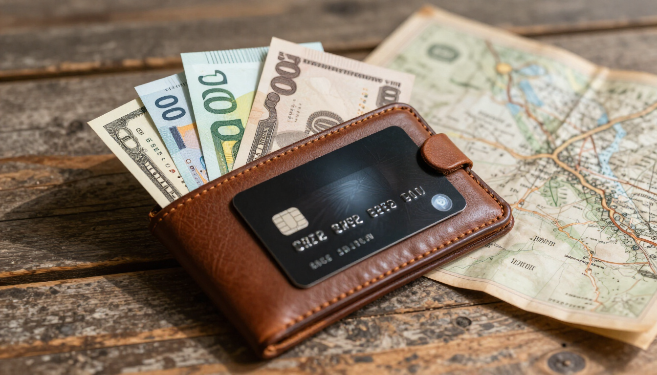 Brown leather wallet with cards and euro banknotes on a map-covered wooden table