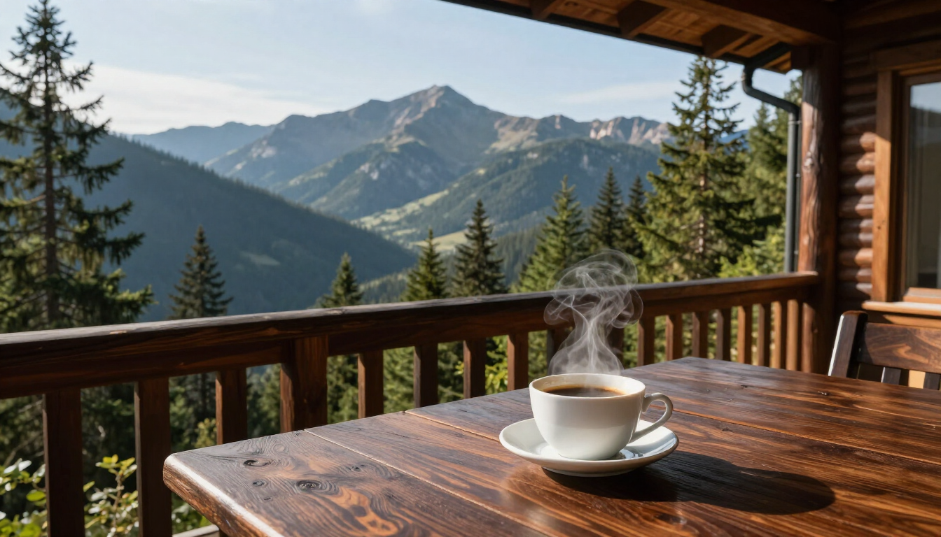Coffee cup on a wooden balcony overlooking pine trees and distant mountains