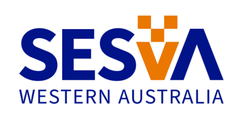 The logo for the ses volunteers association western australia is a red circle with arrows around it.