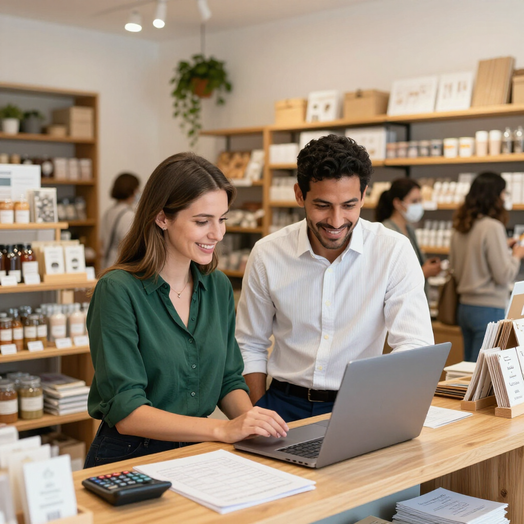 Two coworkers smiling at a laptop in a bright shop, with shelves of products and a countertop calculator.