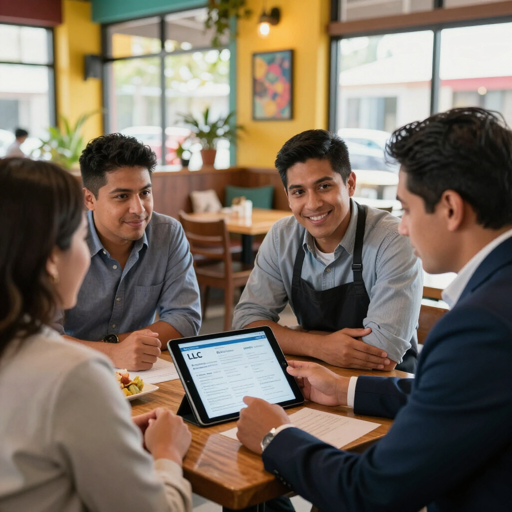 Four people in a cafe collaborate around a tablet on a wooden table