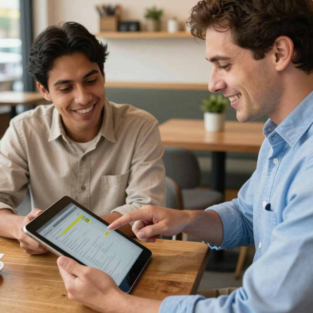 Two coworkers smiling over a tablet at a wooden table in a bright office lounge