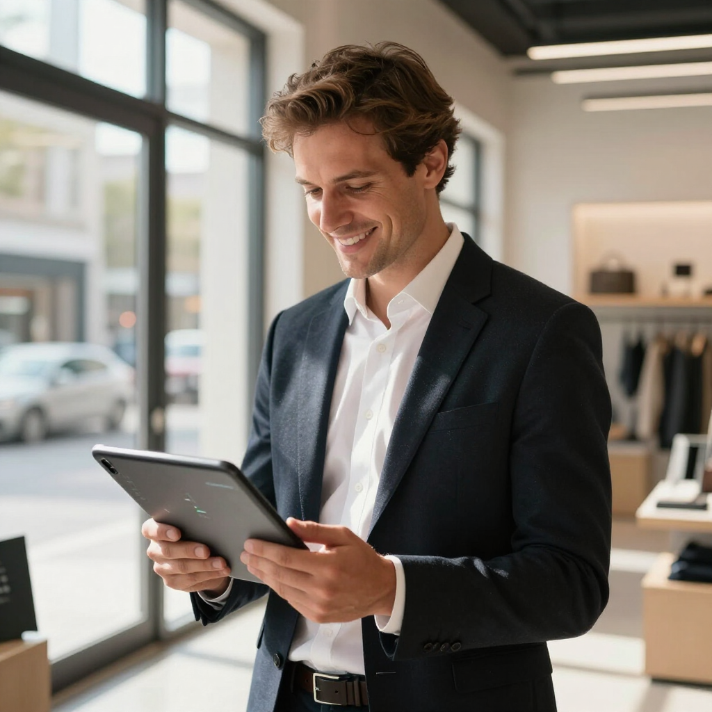 Man in a dark blazer using a tablet in a bright retail store