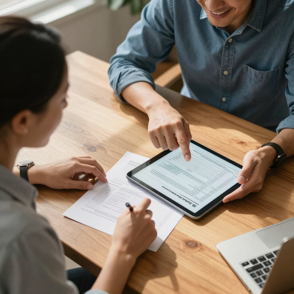 Two people reviewing a tablet and paperwork at a wooden table, with a laptop nearby