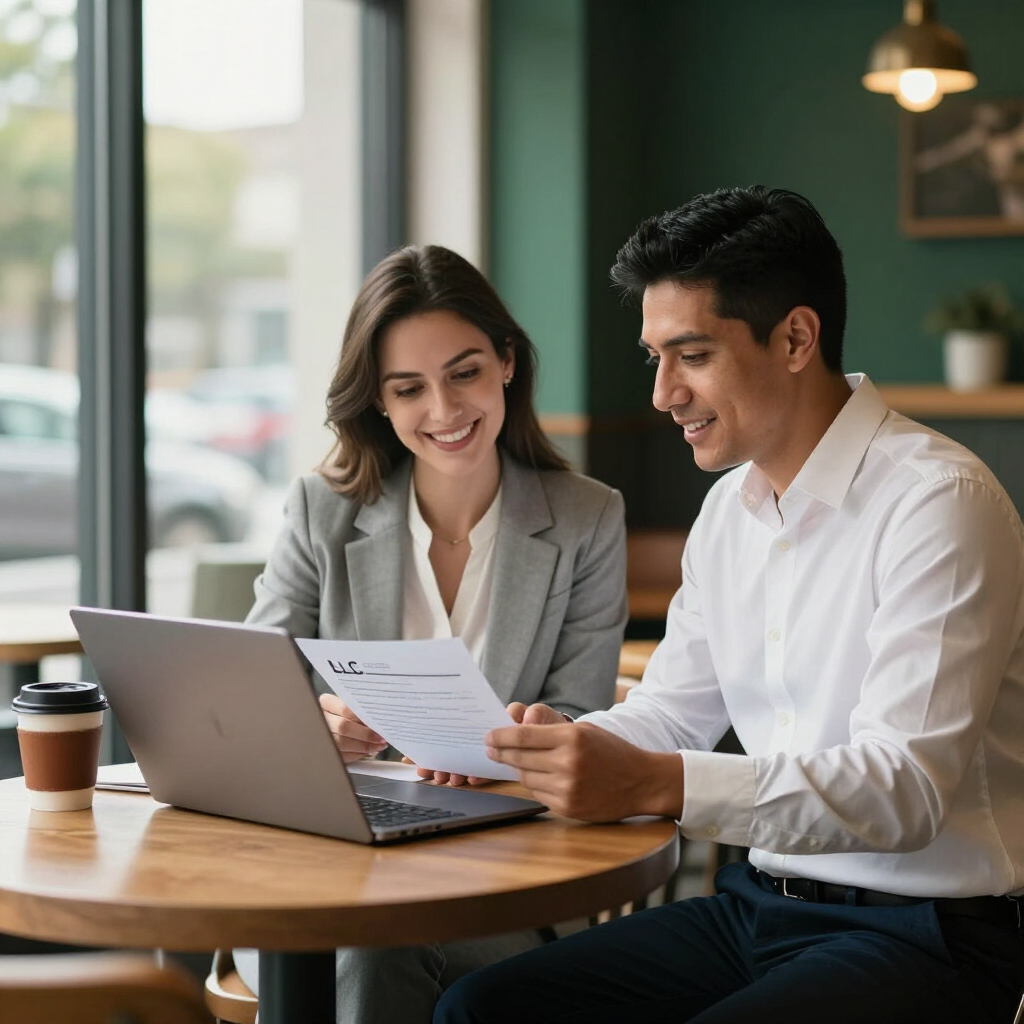 Two coworkers reviewing documents at a laptop in a bright café