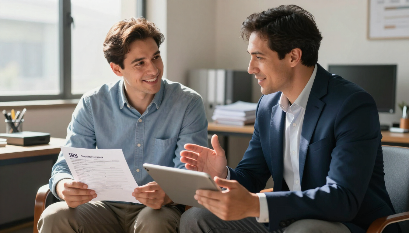 Two colleagues in a bright office discussing documents, one holding a tablet and the other papers.