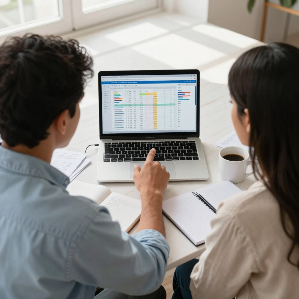 Two people reviewing a spreadsheet on a laptop at a bright desk with notebooks and coffee mugs