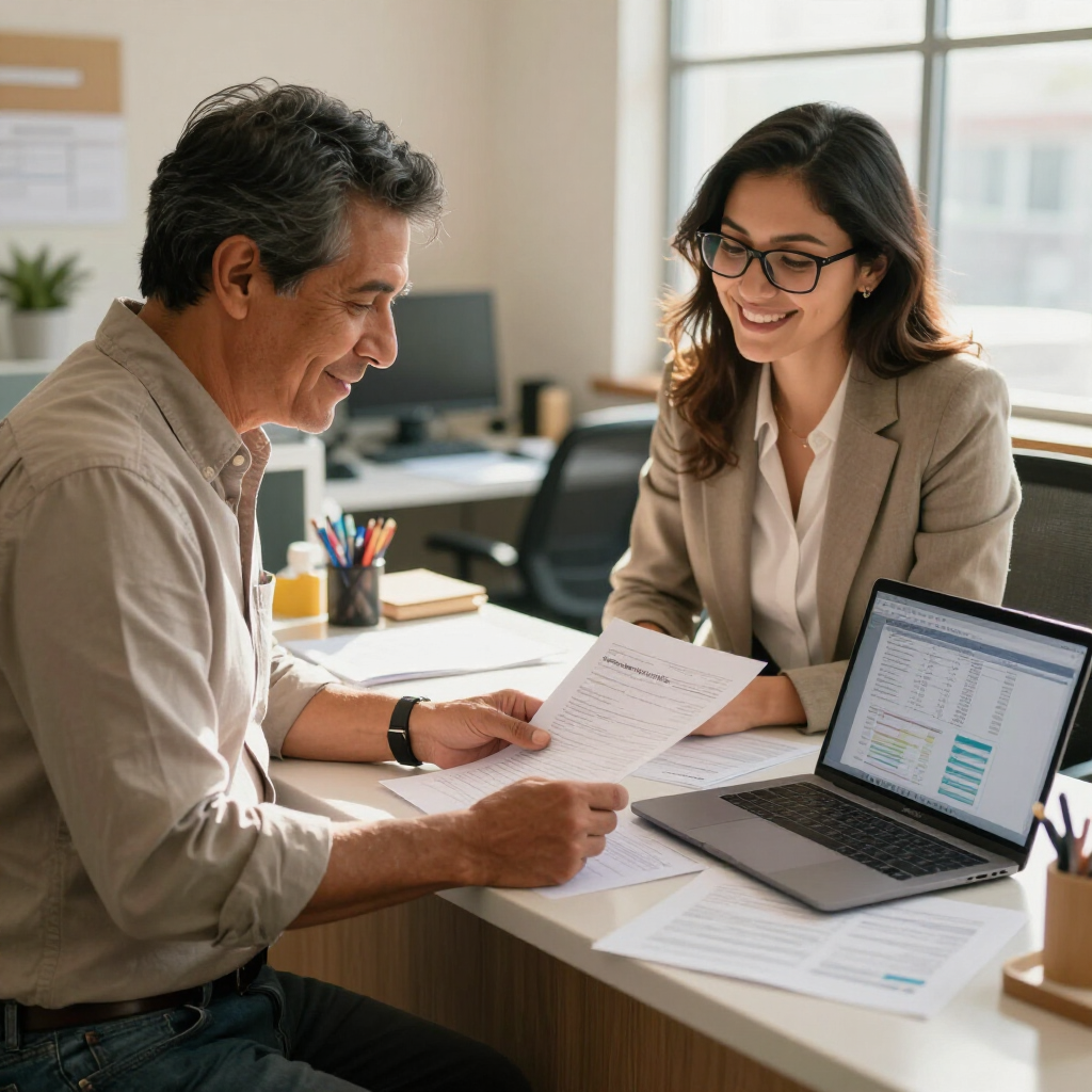 Two coworkers reviewing a printed report beside a laptop in a bright office