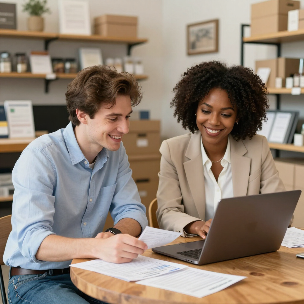 Two coworkers reviewing documents at a laptop in a modern office, smiling