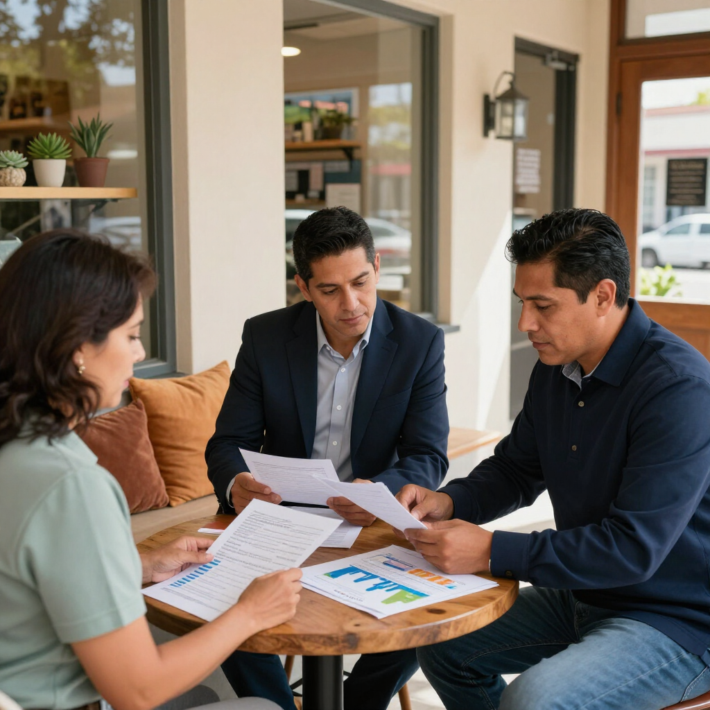 Three coworkers reviewing printed charts around a wooden table in a bright office lounge
