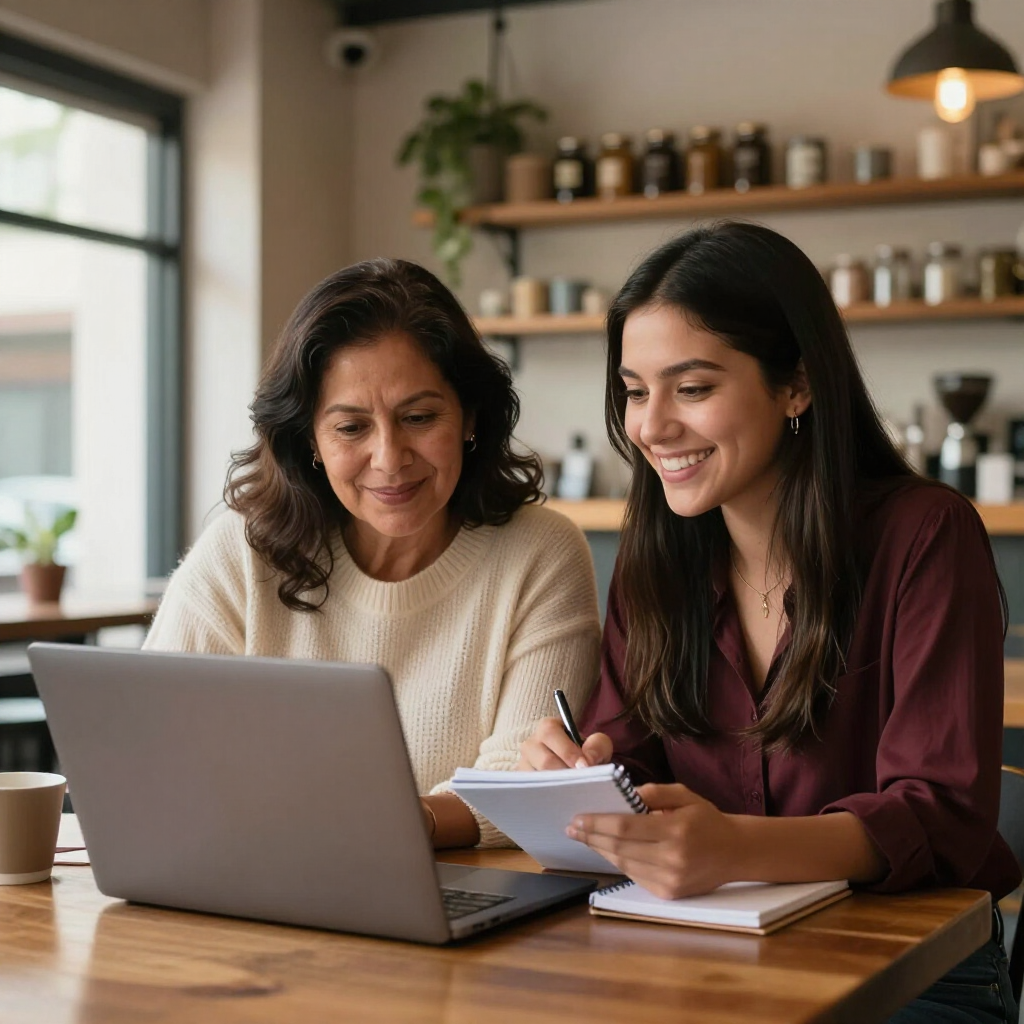 Two people work at a laptop and take notes in a cozy cafe setting.