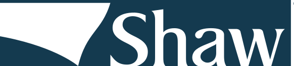 Shaw logo in white on a dark blue background, with a curved graphic on the left