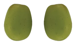 Two green oval fruits side by side on a white background