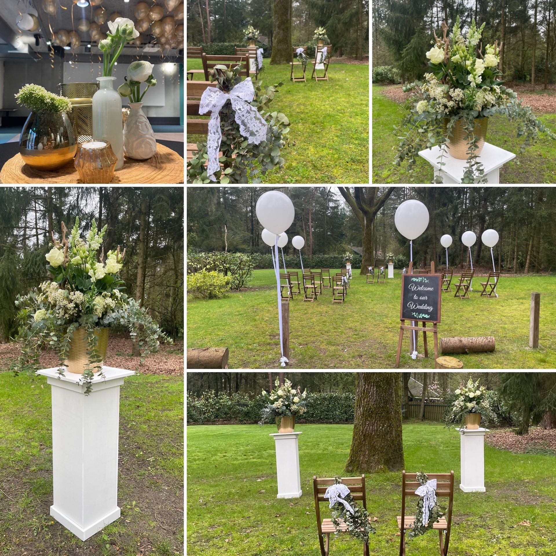 Bruiloftsdecoraties: witte bloemen in vazen, op sokkels en op stoelen in een buitenomgeving.