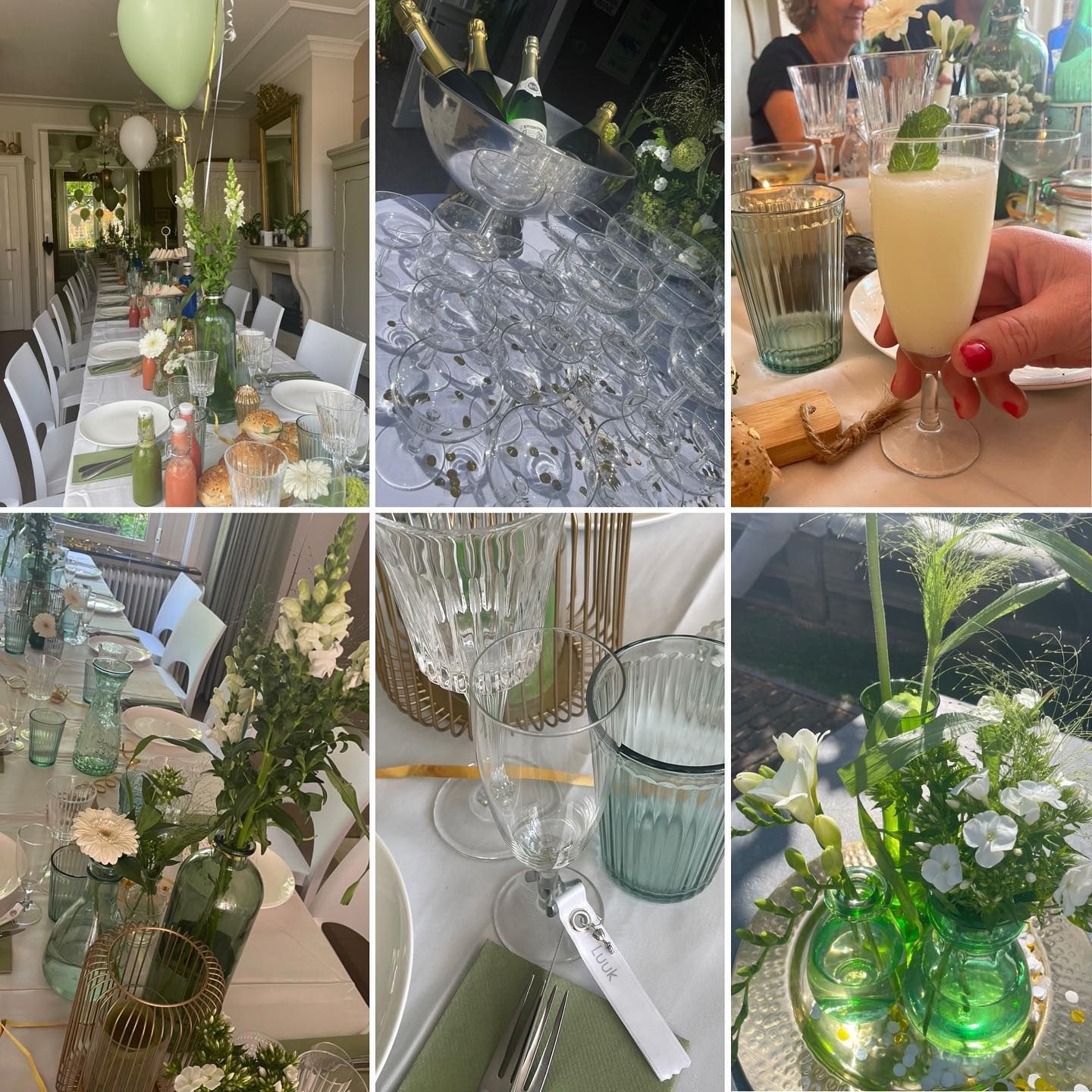 Elegante tafelschikking met glaswerk, bloemen en drankjes. Groen-wit kleurenschema.