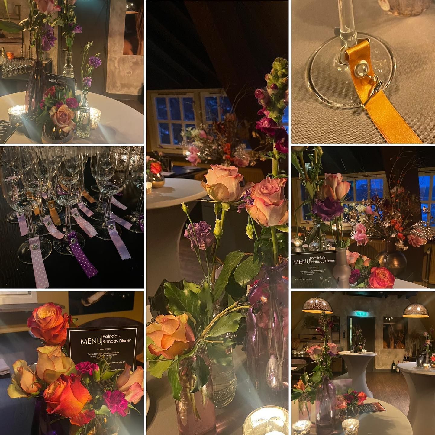 Tafelsetting met bloemen, glazen en een donkere, intieme sfeer. Paarse en oranje bloemstukken.