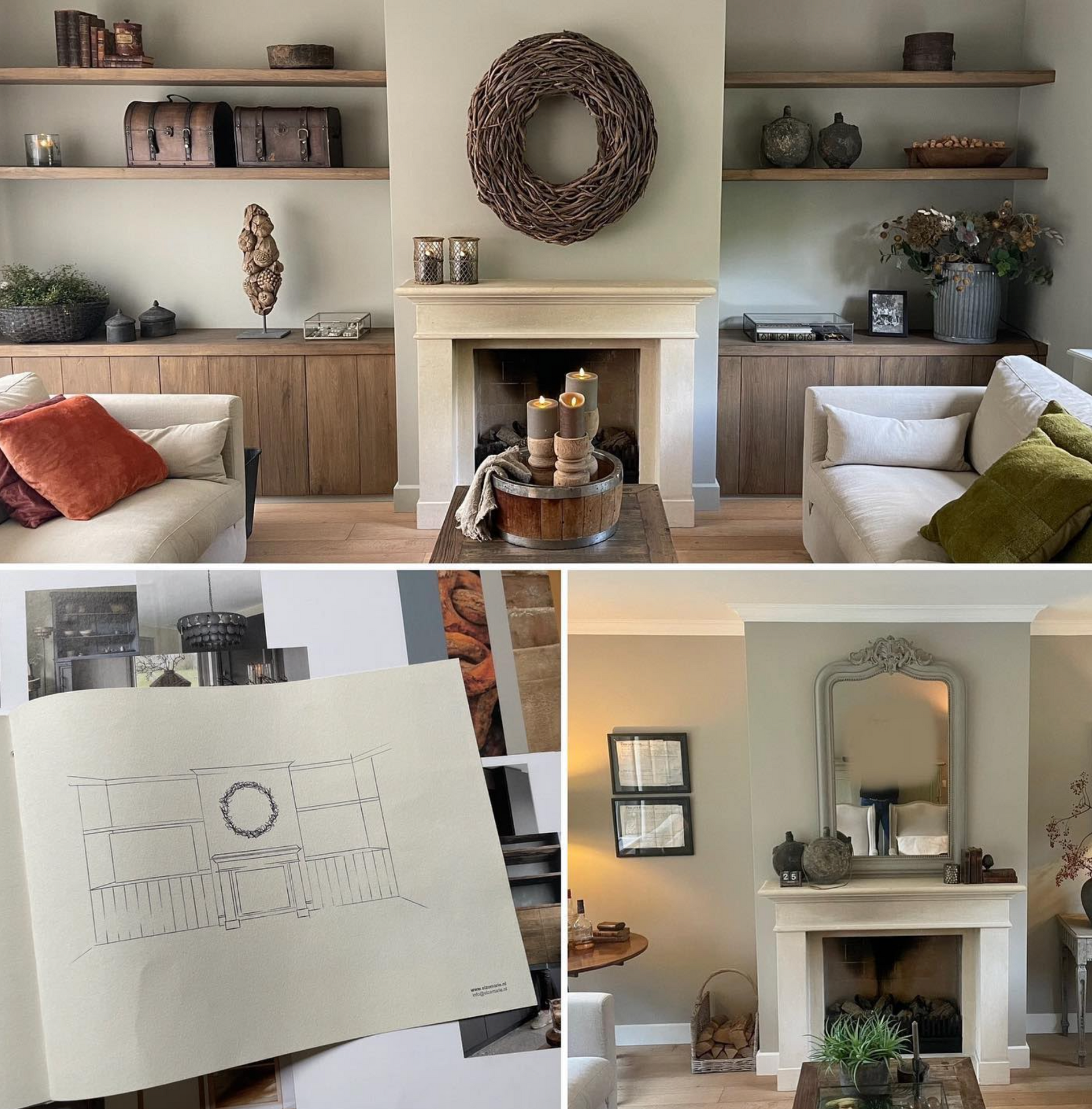 Woonkamer met open haard, planken en zitgelegenheid, in neutrale kleuren, met een krans en ontwerpschetsen.