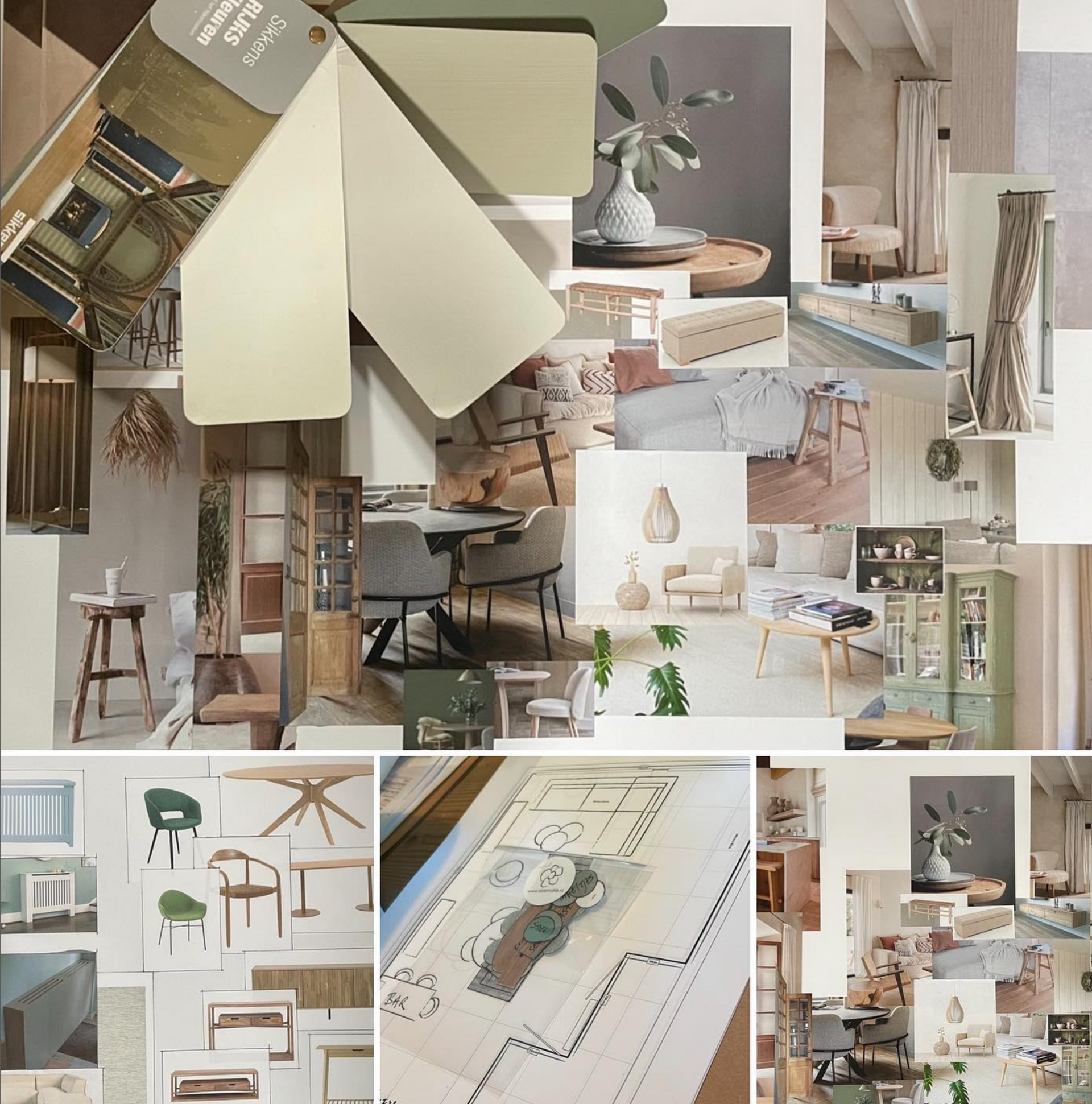 Moodboardcollage: Interieurontwerp met neutrale tinten, meubels, verfstalen en planten.