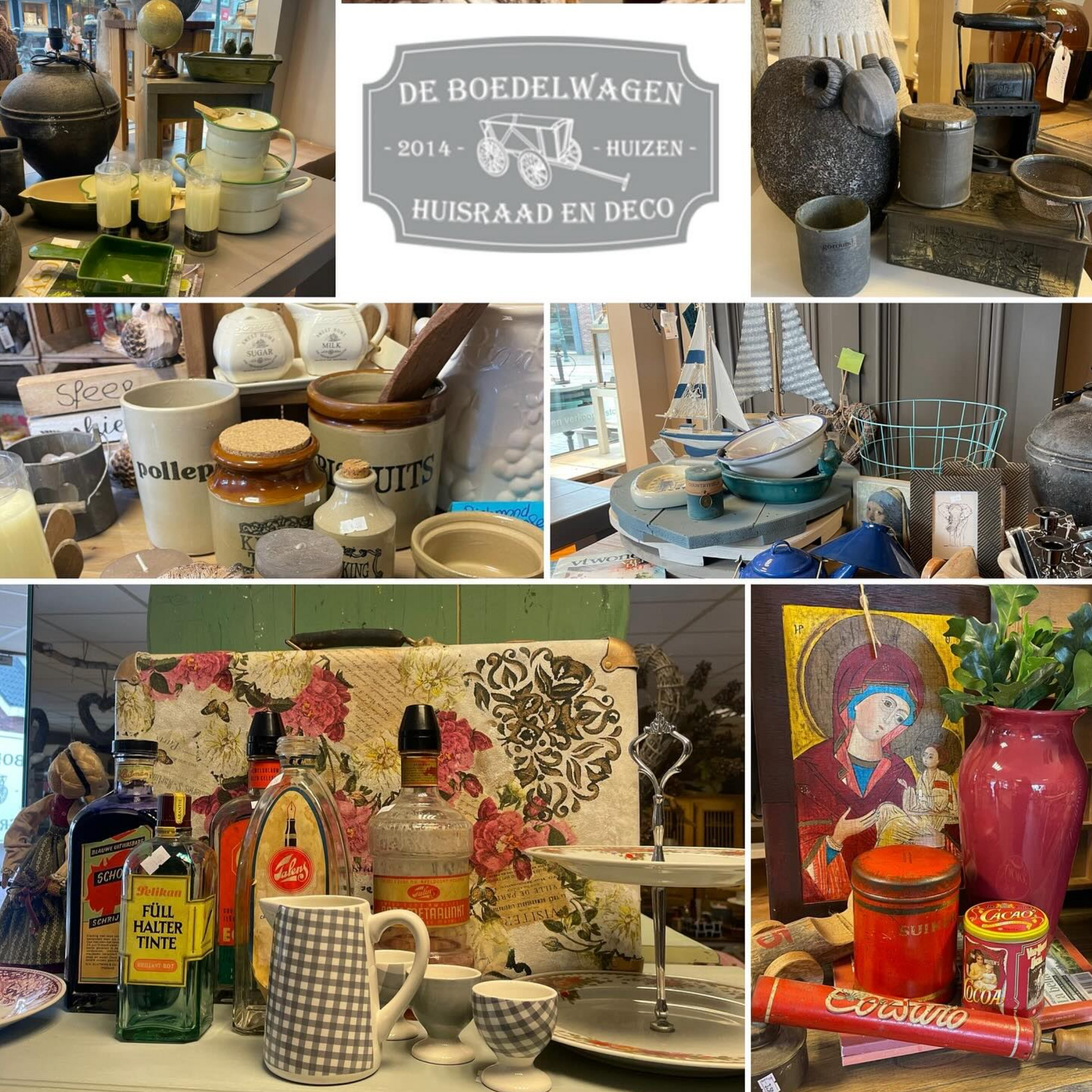 Interieur van een antiekwinkel met diverse keramische voorwerpen, decoratieve objecten en een uithangbord.