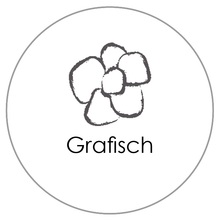 Rond grijs pictogram met een gestileerde bloemtekening en de tekst