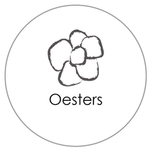 Rond grijs pictogram met een gestileerde bloemtekening en de tekst