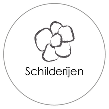 Rond grijs pictogram met een gestileerde bloemtekening en de tekst