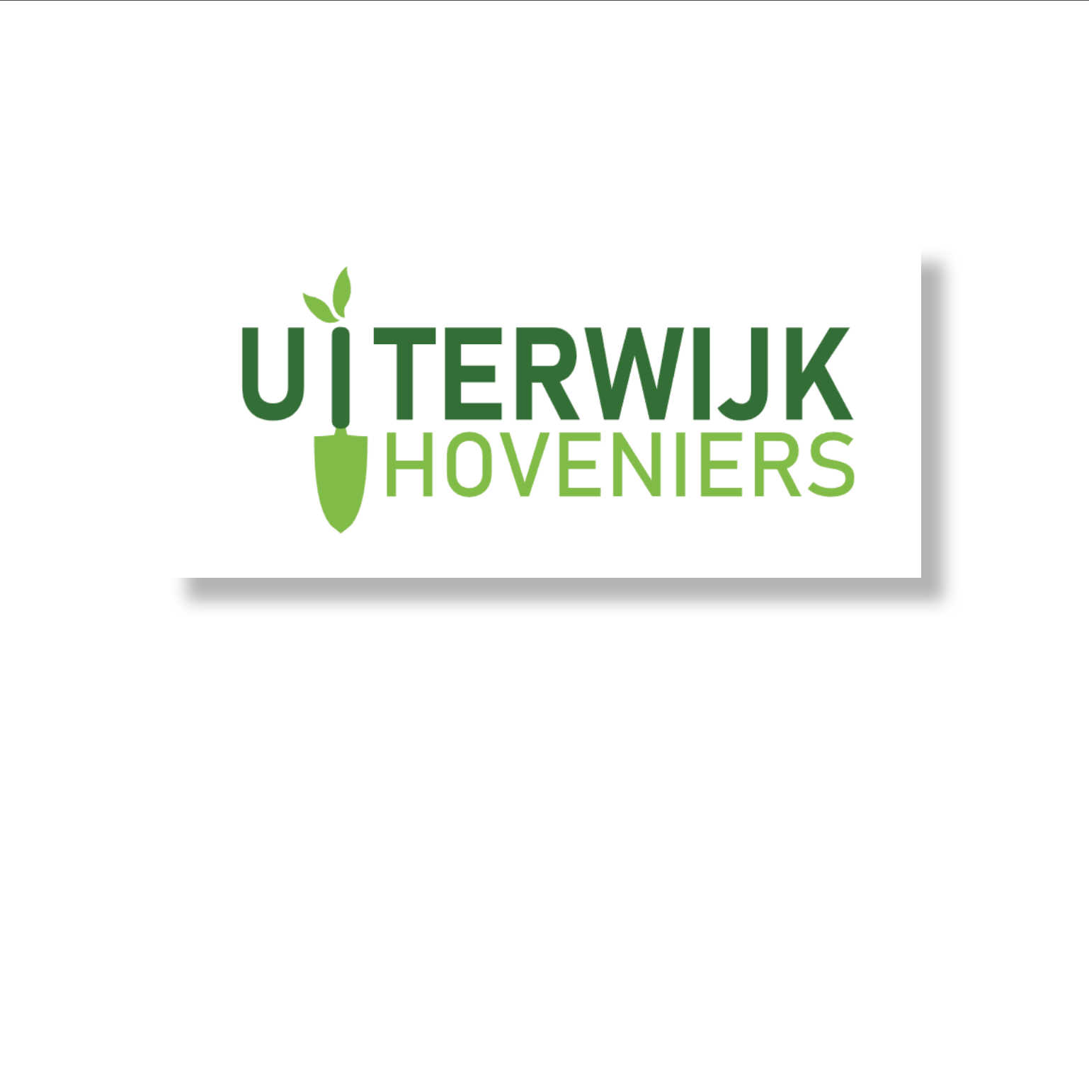 Logo for Uiterwijk Hoveniers, featuring green text and a trowel icon with a sprouting leaf.