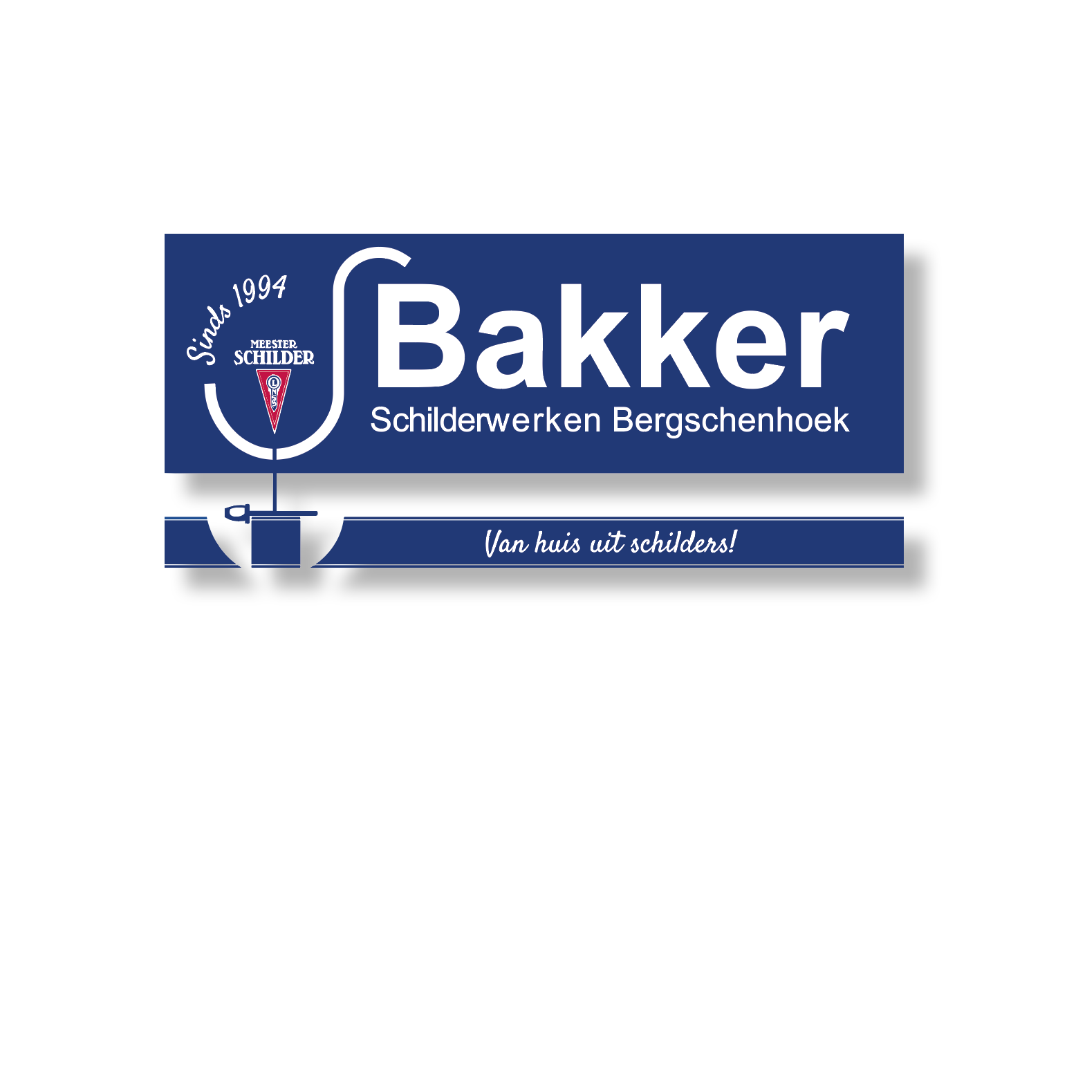 Blue logo for Bakker Schilderverken Bergschenhoek with white text and a stylized symbol.